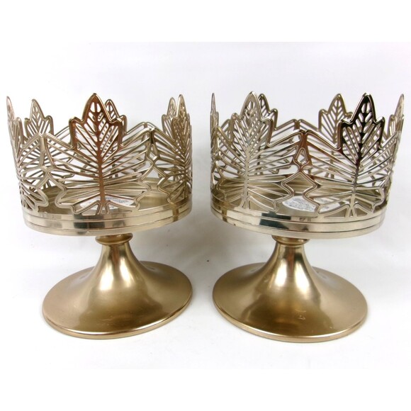 Bath and Body Works Maple Leaf Pedestal 3 Wick Candle Holders Gold 5.5" Set of 2 - Picture 1 of 5